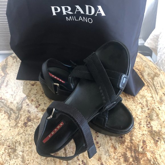 Prada Shoes - Rare Vintage Prada Black Leather & Canvas Sandals with Dust Bag